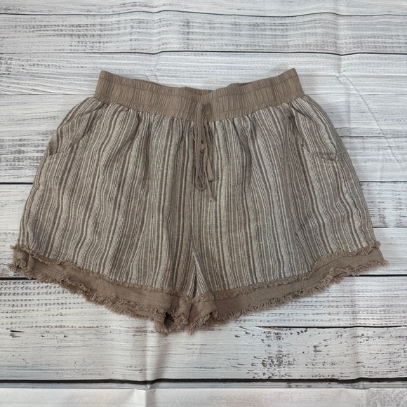 Umgee linen blend fringe medium striped brown women's shorts - Picture 1 of 10